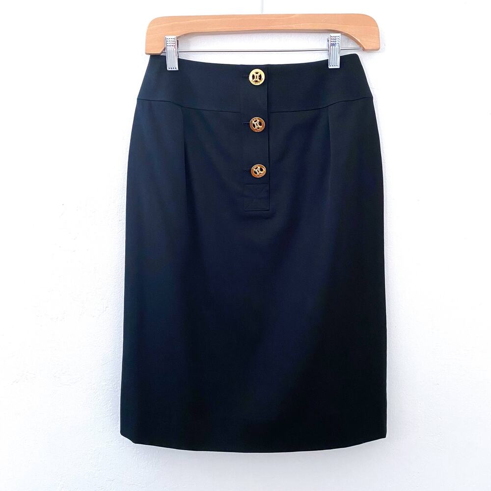 Vintage Celine Straight Pencil Skirt Front Button Black‎ Wool Women's 40 Small